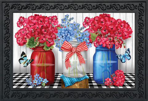 Briarwood Lane Red White And Blue Jars Floral Doormat with flowers, butterflies, and patriotic mason jars.