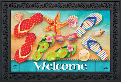 Briarwood Lane Surfside Flip Flops Doormat with colorful flip flops, starfish, and seashells design.