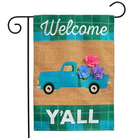 Briarwood Lane small printed garden flag with colorful springtime truck design on burlap background.