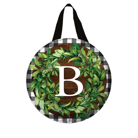 Briarwood Lane monogrammed letter B door hanger with greenery wreath on plaid background decor.