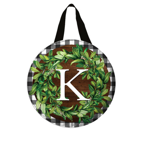 Wreath Monogram Letter K Door Hanger