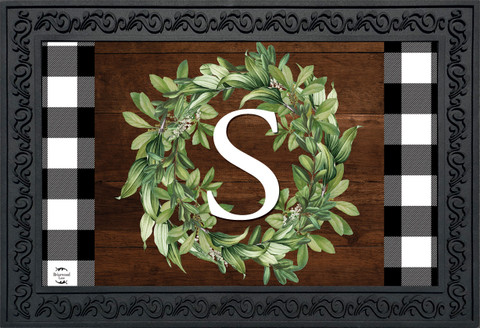 Briarwood Lane Wreath Monogram Letter S doormat with black and white checkered border indoor outdoor floormat.