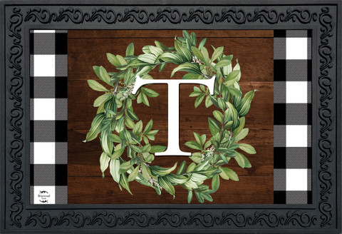 Wreath Monogram Letter T Doormat