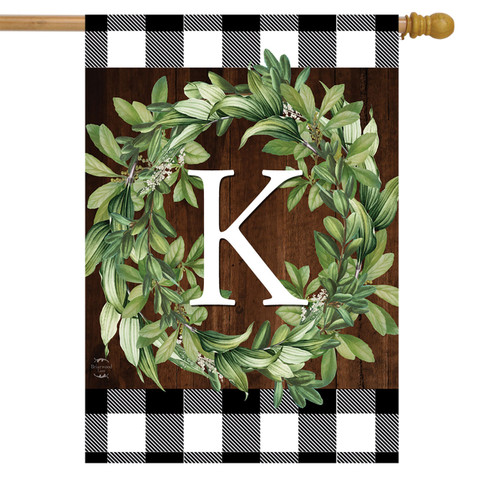 Briarwood Lane monogrammed house flag with greenery wreath and checkered border on double-sided fabric.