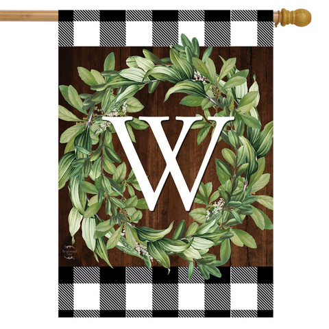 Briarwood Lane monogrammed 'W' wreath flag with greenery on checkered background for farmhouse porch decor.