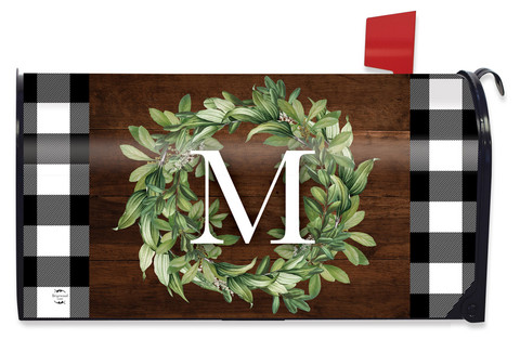 Briarwood Lane standard monogrammed mailbox cover with plaid border and greenery wreath with letter M.