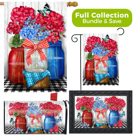 Briarwood Lane Red White and Blue Jars Floral Design Collection garden flag, doormat, and mailbox cover.
