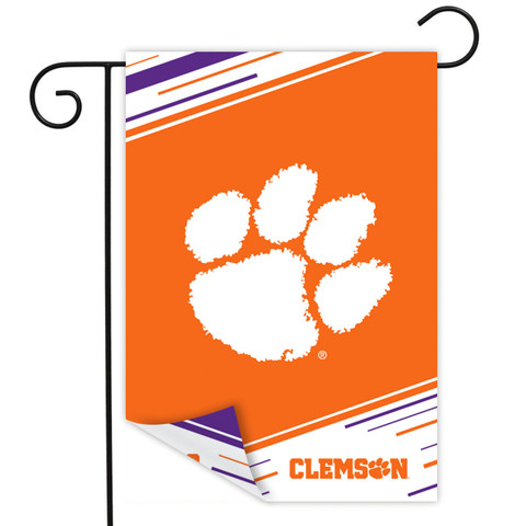 Clemson University double-sided garden flag with white paw print on orange background by Briarwood Lane.
