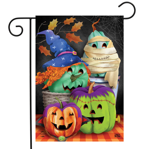 Briarwood Lane Costumed Pumpkins Garden Flag with green and orange pumpkins in costumes on plaid background.