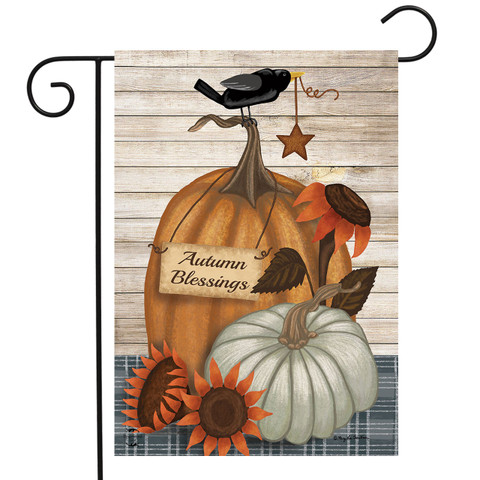 Briarwood Lane Rustic Autumn Blessings Garden Flag with pumpkins, sunflowers, and black bird decoration.