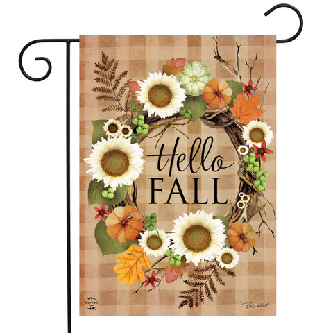 Briarwood Lane Hello Fall Wreath Double-Sided Garden Flag with sunflowers, leaves, and fall decorations.