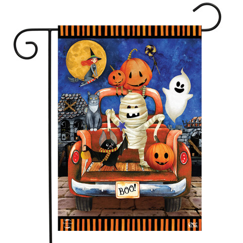 Briarwood Lane Haunted Pickup Garden Flag with Halloween theme, orange truck and spooky characters.