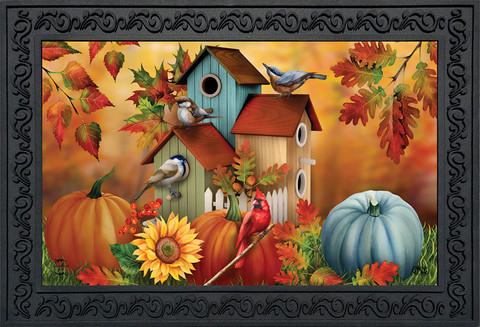 Briarwood Lane Fall Floral Birdhouses Doormat with colorful birds, pumpkins, and sunflowers on autumn background.
