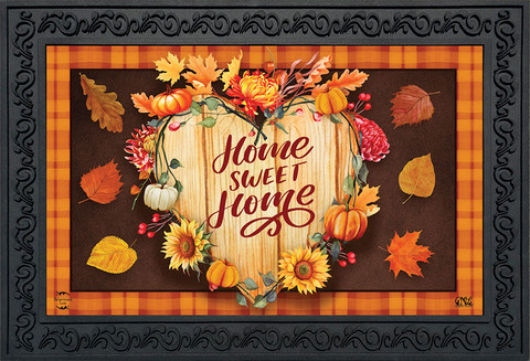 Briarwood Lane Fall Home Sweet Home Doormat with autumn leaves and pumpkins design.