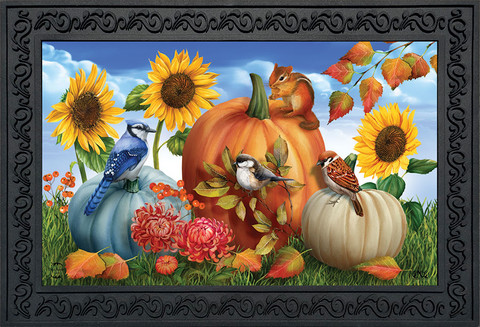 Briarwood Lane Fall Pumpkin Gathering Doormat with colorful pumpkins, sunflowers, and birds design.
