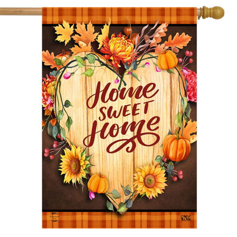 Briarwood Lane Fall Home Sweet Home house flag with flowers, pumpkins, and sunflowers on wooden heart.