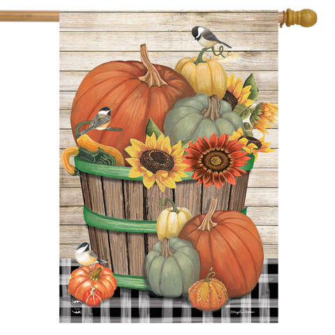 Briarwood Lane Bountiful Bushel House Flag with pumpkins, sunflowers, and birds on a wooden background.