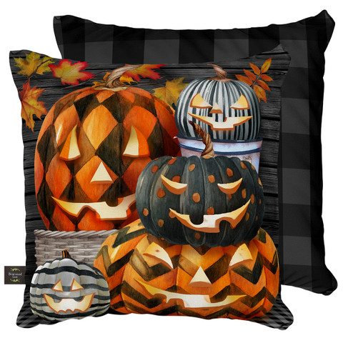 Briarwood Lane Patterned Jack O Lanterns Pillow with orange and black pumpkins on black checkered background.
