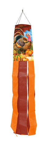 Briarwood Lane Turkey And Pumpkins Windsock Wind Twister with orange and brown ribbons and turkey design.