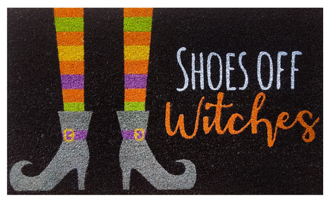 Briarwood Lane Shoes Off Witches Coir Doormat with colorful striped legs and witch boots design.