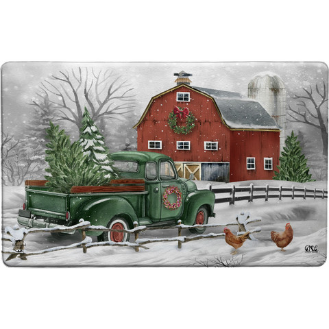 Briarwood Lane Christmas on the Farm Comfort Mat with green truck and red barn winter scene.