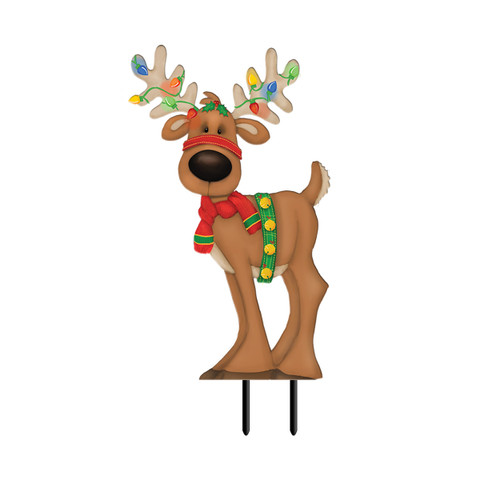 Briarwood Lane Reindeer in Lights Metal Yard Art with colorful antlers and red scarf on stake.