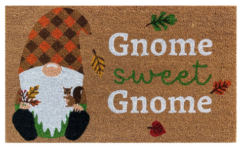 Briarwood Lane Fall Gnome Coir Doormat with gnome and autumn leaves design in brown tones.