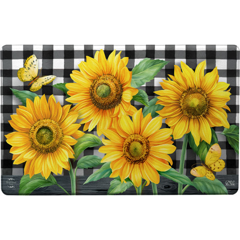 Briarwood Lane Checkered Sunflowers Comfort Mat with yellow flowers, green leaves, and butterflies on black checkered background.
