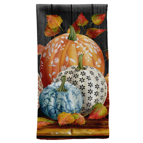 Briarwood Lane Elegant Pumpkins cotton hand towel with orange, white, and blue pumpkins design.