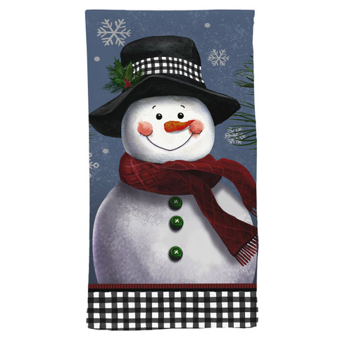 Smiling Snowman Cotton Hand Towel by Briarwood Lane, black hat, red scarf, green buttons, snowflakes.