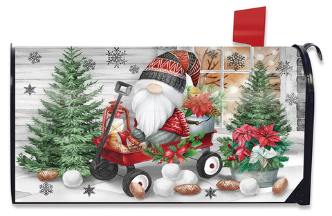 Briarwood Lane Wagon Gnome Mailbox Cover with Christmas trees and gnome on red wagon outdoors.
