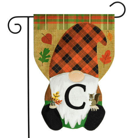 Briarwood Lane Fall Gnome Burlap Monogram Letter C Garden Flag with orange plaid hat design.