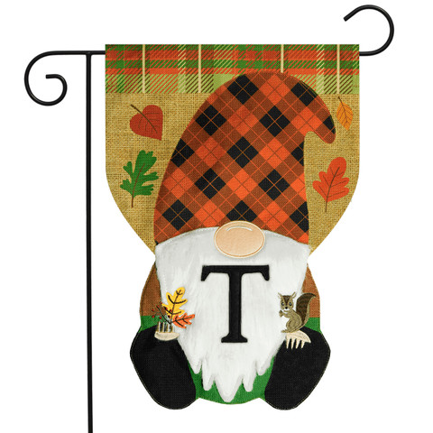 Fall Gnome Burlap Monogram Letter  T Garden Flag