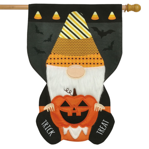 Briarwood Lane Halloween Gnome Burlap House Flag with orange pumpkin and black bats design.