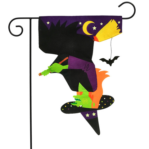 Briarwood Lane Upside Down Witch Burlap Garden Flag with purple, orange, green, and black design.