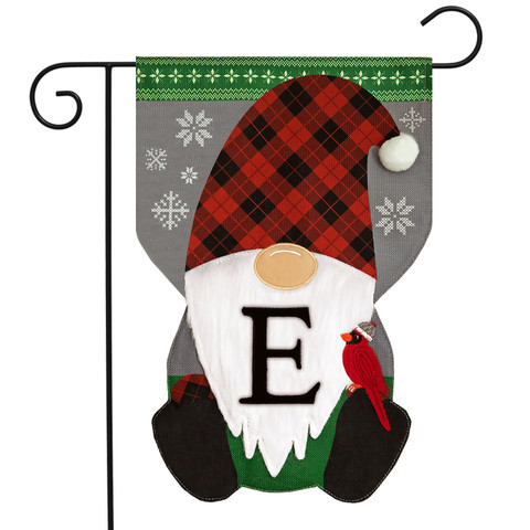 Winter Gnome Burlap Monogram Letter E Garden Flag
