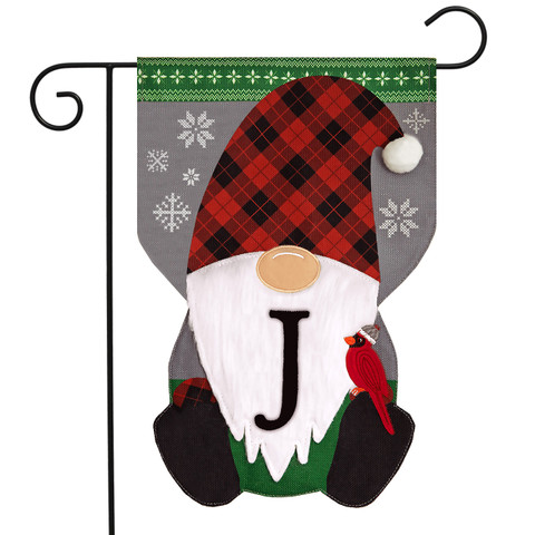 Winter Gnome Burlap Monogram Letter J Garden Flag