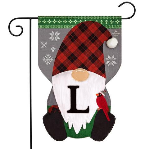 Winter Gnome Burlap Monogram Letter L Garden Flag