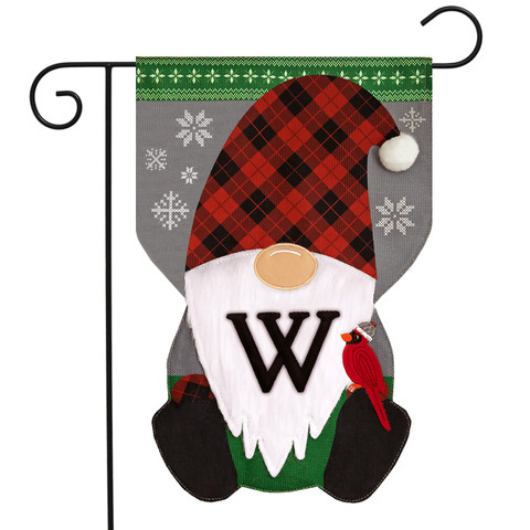 Briarwood Lane Winter Gnome Burlap Monogram Letter W Garden Flag with red plaid hat and cardinal.