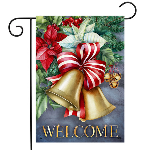 Briarwood Lane Christmas Bells Garden Flag with gold bells, red flowers, and welcome text.