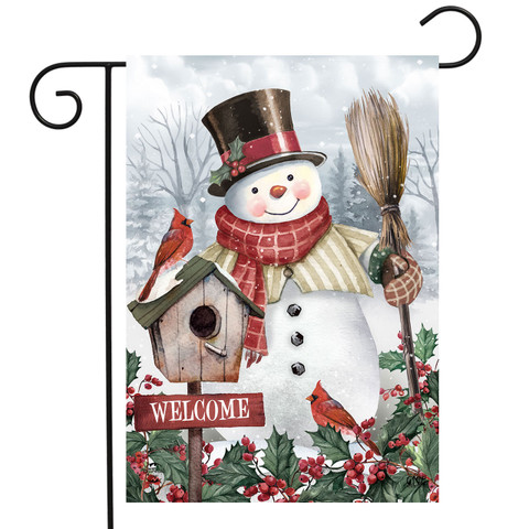 Briarwood Lane Jolly Snowman Welcome Garden Flag with red scarf and top hat outdoor decor.