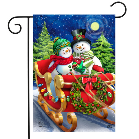 Briarwood Lane Dashing Through Snow Garden Flag with snowmen on sleigh under starry night sky.