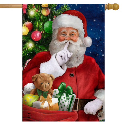 Briarwood Lane Santa's Delivery House Flag with Santa, presents, and teddy bear near Christmas tree.
