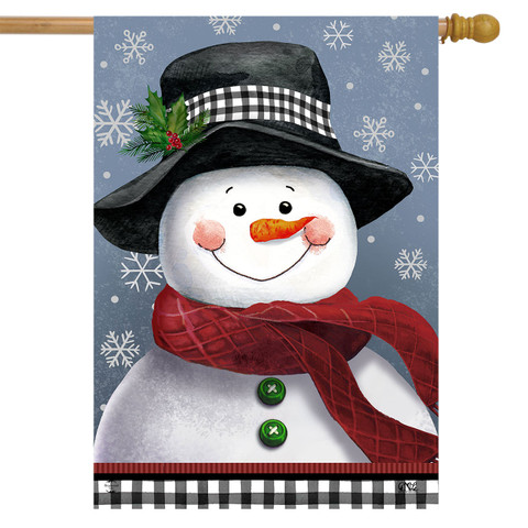 Smiling Snowman House Flag by Briarwood Lane, snowman in hat and red scarf on blue background.