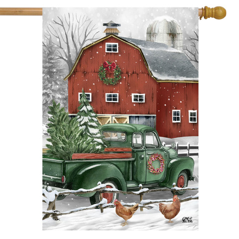 Briarwood Lane Christmas on the Farm House Flag, red barn, green truck, snowy scene, holiday decor.