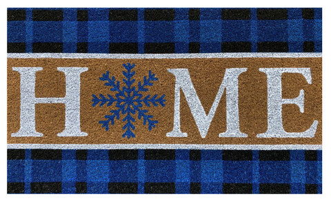 Briarwood Lane Snowflake Home Coir Doormat 18 x 30 with blue plaid and snowflake design.