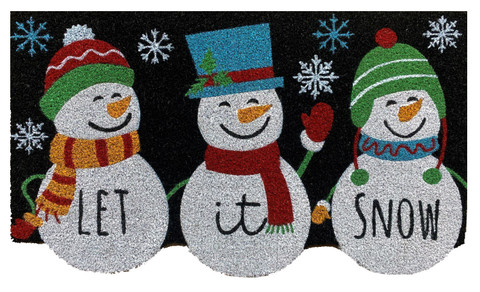 Briarwood Lane Snowman Trio Coir Doormat with snowmen and "LET it SNOW" text on black background.