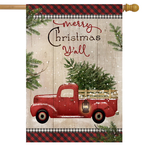 Briarwood Lane Merry Christmas Y'all Double Sided House Flag with red vintage truck and tree.