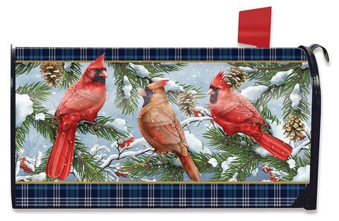 Briarwood Lane Wintertime Cardinals Mailbox Cover with snow-covered pine and cardinals on plaid background.