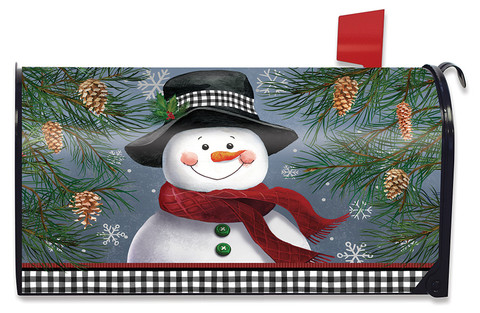 Smiling Snowman Mailbox Cover by Briarwood Lane, black hat, red scarf, pine branches, and snowflakes.